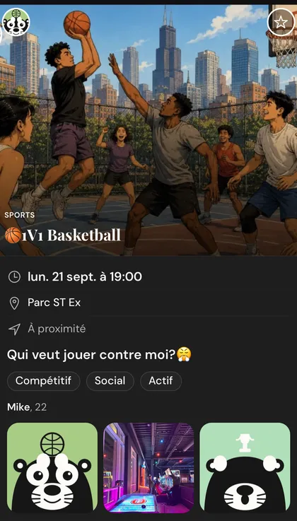 Carte d'activité « 1V1 Basketball » — Mike, 22, profil fictif, cherche un adversaire au parc; illustration générée d'un match de rue
