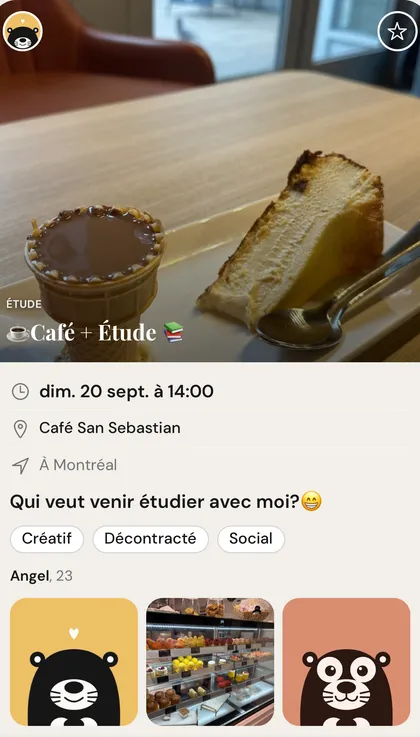 Carte d'activité « Café + Étude » — Angel, 23, profil fictif, invite à étudier autour d'un café et de desserts au Café San Sebastian