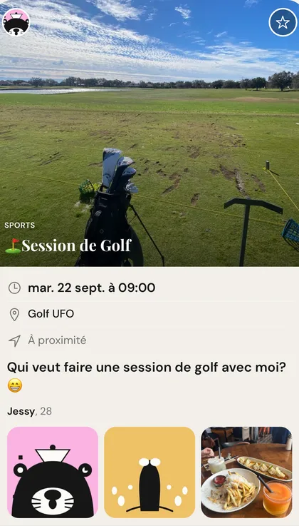 Carte d'activité « Session de Golf » — Jessy, 28, profil fictif, propose une session au terrain de pratique